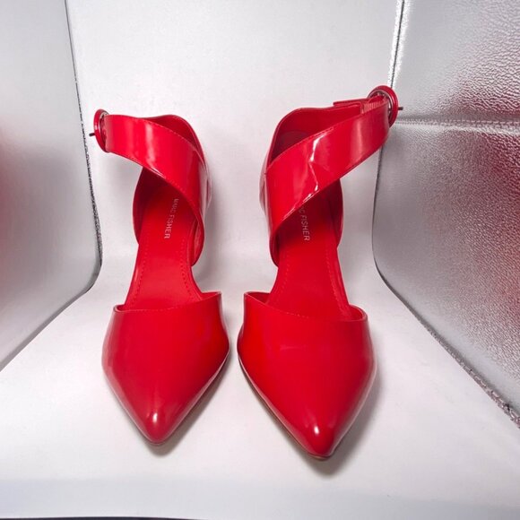 Marc Fisher Shoes - Red Patent Pointed Toe D'Orsay Heels Swooping Asymmetrical Ankle Strap Holiday